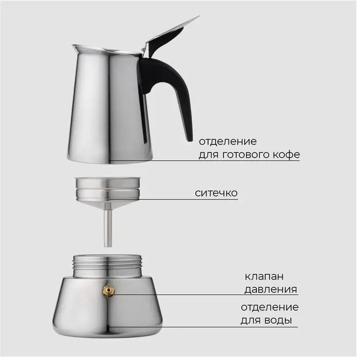Кофеварка гейзерная Magistro Classic, на 4 чашки, 200 мл, индукция, нержавеющая сталь