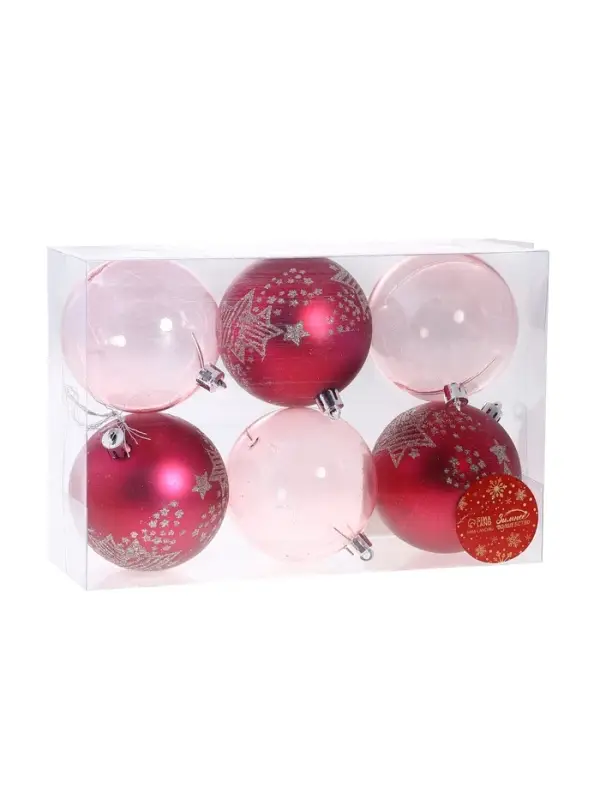 Ёлочные игрушки &laquo;Ночка&raquo;, шары новогодние, d=8 см, набор 6 шт., звёзды, розовый