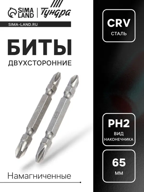 Биты двухсторонние ТУНДРА, намагниченные, сталь CrV, PH2&times;65 мм, 2 шт.
