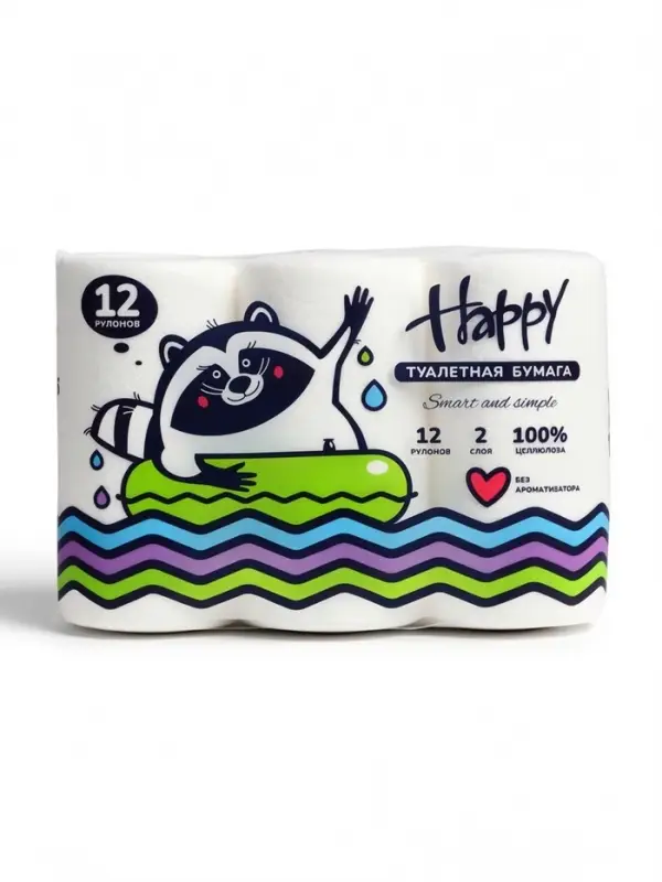 Туалетная бумага HAPPY, без ароматизаторов, 2 слоя, 12 рулонов