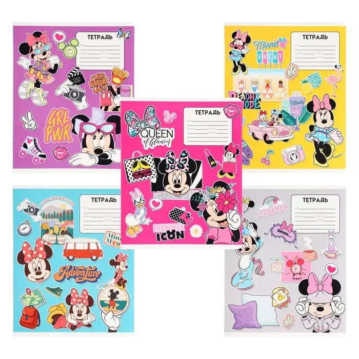 Тетрадь в клетку 12 листов, 5 видов МИКС, обложка мелованный картон, &laquo;Минни Маус&raquo;