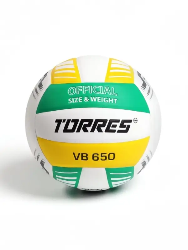 Волейбольный мяч TORRES VB 650, размер 5, бутиловая камера, клееный, полиуретан, бело-зелёно-жёлтый