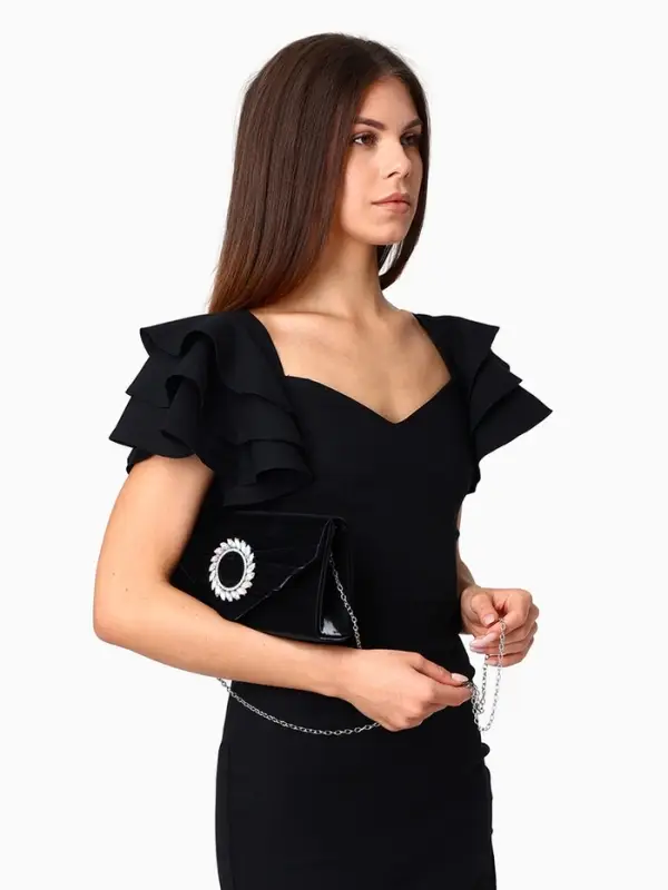 Сумка-клатч женская вечерняя на магните, на цепочке, с декоративной пряжкой, чёрная