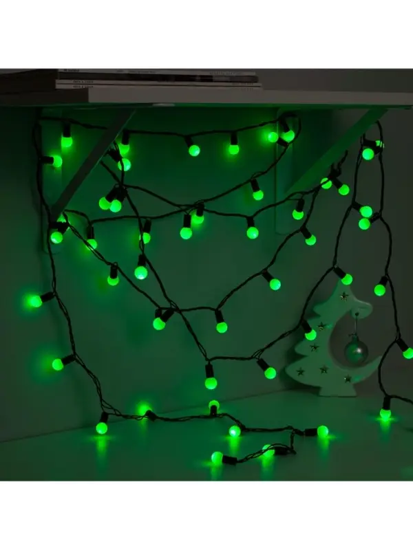 Гирлянда &laquo;Нить&raquo; 10 м с насадками &laquo;Шарики 1.5 см&raquo;, IP44, тёмная нить, 100 LED, свечение зелёное, 8 режимов, 220 В