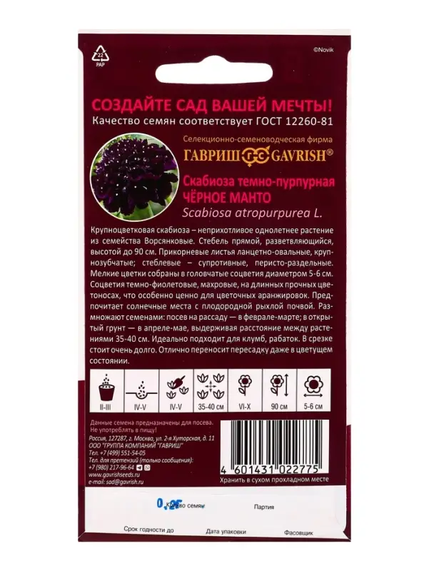 Семена цветов Скабиоза пурпурная Чёрное манто, махр. 0,2 г серия Блэк DH