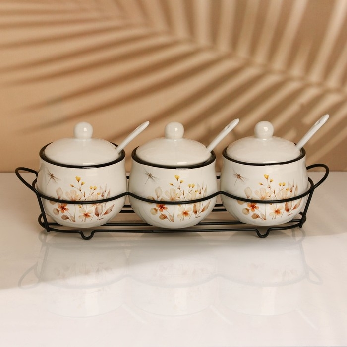 Банки керамические для специй на металлической подставке «Цветы», 200 мл, 3 шт Банки керамические для специй на металлической подставке «Цветы», 200 мл, 3 шт