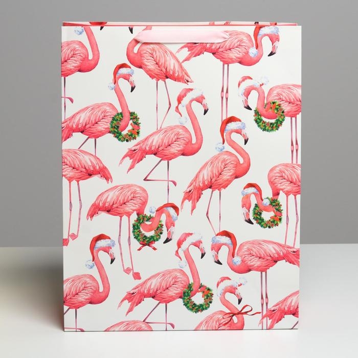 Пакет подарочный новогодний ламинированный «Новогодний фламинго», L 31 х 40 х 11,5 см
