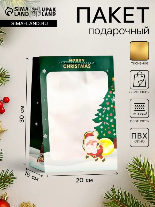 Пакет подарочный новогодний ламинированный, с окном &laquo;Новогодний&raquo;, 20&times;30&times;16 см