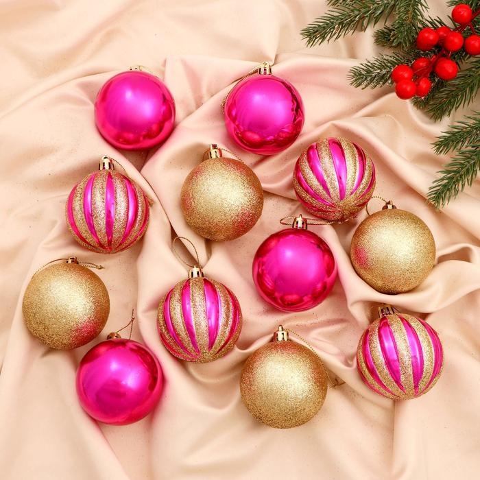 Набор шаров пластик d-6 см, 12 шт Набор шаров пластик d-6 см, 12 шт "Забава" золотисто-розовый