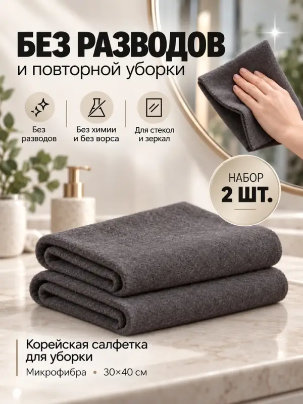 Салфетка для уборки корейская, без разводов, набор 2 шт., 30&times;40 см, микрофибра