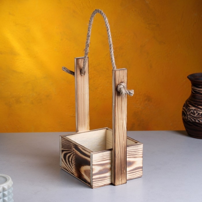 Кашпо деревянное 15×12×25 см  Кашпо деревянное 15×12×25 см "Ажур", прямоугольное, ручка верёвка, обжиг Дарим Красиво