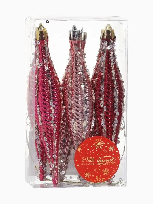 Ёлочные игрушка набор 6 шт. &laquo;Сосулька нить блеск&raquo; 15.5&times;3 см, розовый красный