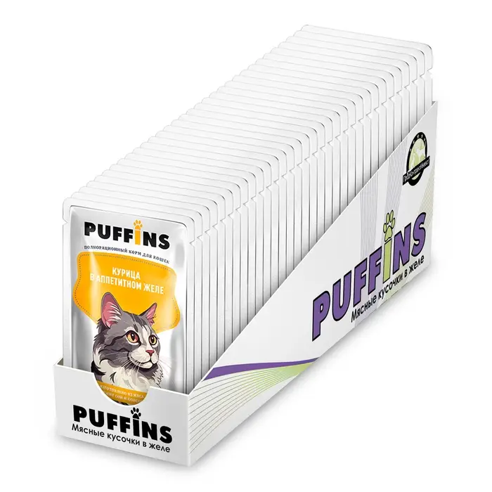 Влажный корм Влажный корм "Puffins" для кошек, курица в желе, 75 г