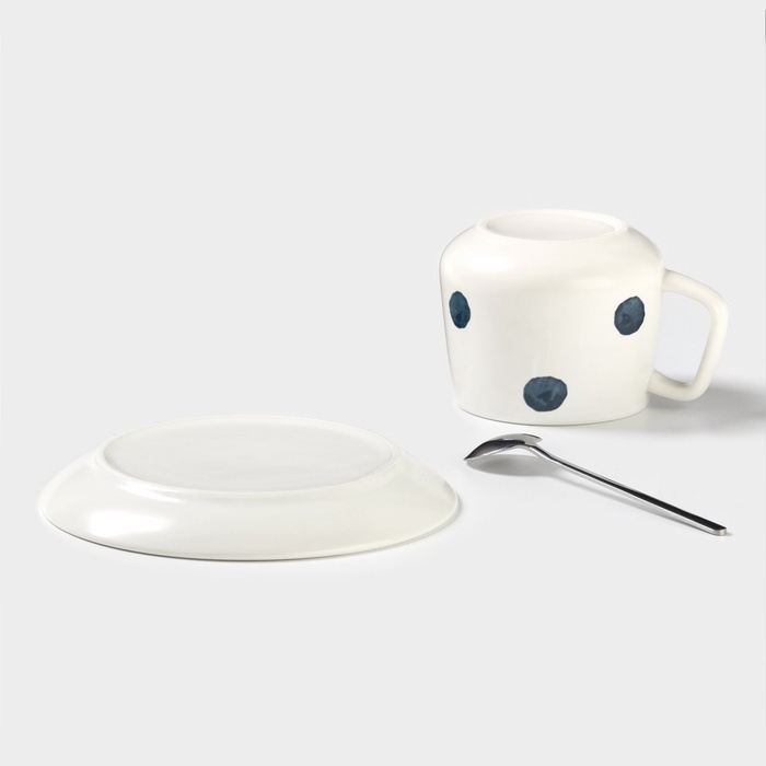 Чайная пара «Горошек», 220 мл, с ложкой, блюдце d=15, кружка 9,5×7,5×7 см, керамика, белая Чайная пара «Горошек», 220 мл, с ложкой, блюдце d=15, кружка 9,5×7,5×7 см, керамика, белая