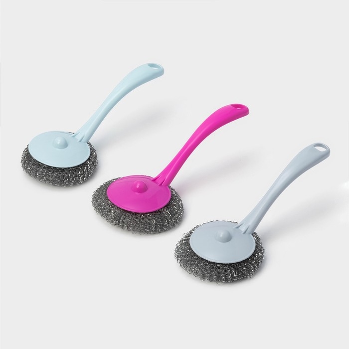 Губка для посуды Доляна «Бублик», с ручкой, металлическая, 15 гр, цвет МИКС Губка для посуды Доляна «Бублик», с ручкой, металлическая, 15 гр, цвет МИКС