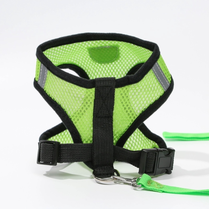 Шлейка дышащая с поводком и светоотражающей нашивкой, M, ОШ 33, ОГ 32-43, зеленая Шлейка дышащая с поводком и светоотражающей нашивкой, M, ОШ 33, ОГ 32-43, зеленая