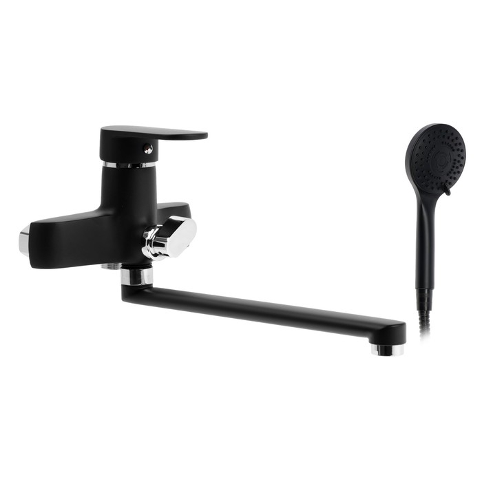 Смеситель для ванны ZEIN Z4052, излив 30 см, картридж 40 мм, с душевым набором, черный/хром Смеситель для ванны ZEIN Z4052, излив 30 см, картридж 40 мм, с душевым набором, черный/хром