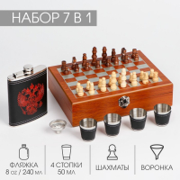 Набор 7 в 1: фляжка 8 oz, с гербом, 4 рюмки, воронка, шахматы, 18 х 24 см