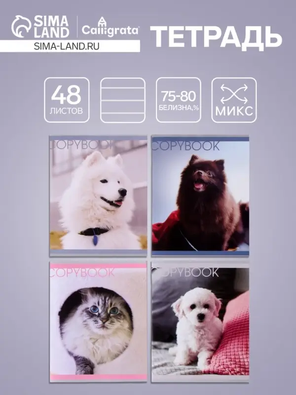 Тетрадь 48 листов в клетку Calligrata &laquo;Любимые питомцы&raquo;, обложка мелованная бумага, серые листы, МИКС