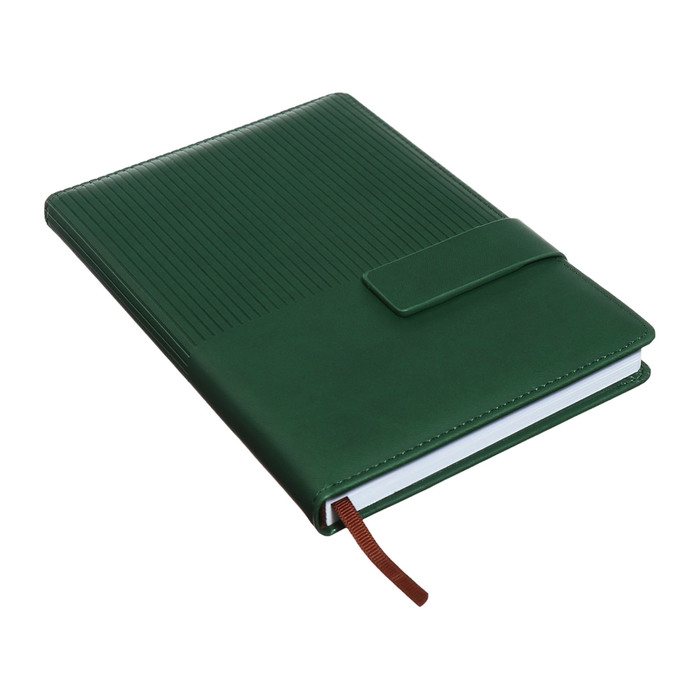 Ежедневник недатированный, А5, 140л, клетка, обл.кожзам, с хлястиком, Полоски изумрудный