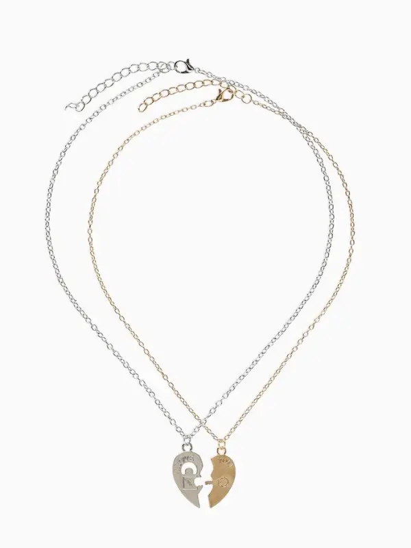 Кулоны парные на цепочке &laquo;Неразлучники. Половинки сердец, ключ и замок&raquo;, L=45 см, набор 2 шт. цвет серебро, золото