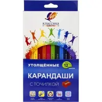 Карандаши 12цв, Луч, дерево, заточ, трехгр, толстые, с точилкой, коробка, европодвес