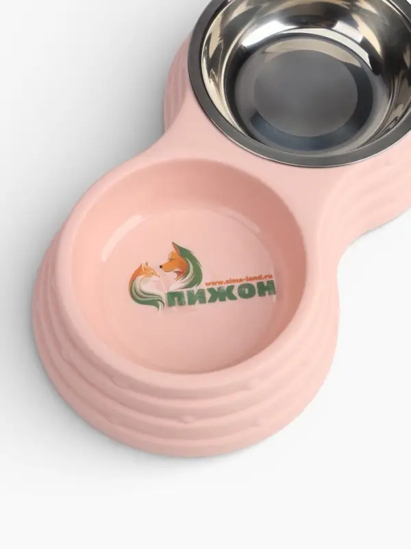 Миска двойная, 25&times;14&times;5 см, на пластиковом основании, металл, розовая