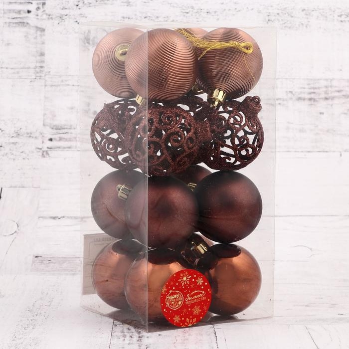 Ёлочные игрушки, шары новогодние , пластик, набор d-6 см, 16 шт Ёлочные игрушки, шары новогодние , пластик, набор d-6 см, 16 шт "Ажурный блеск" коричневый