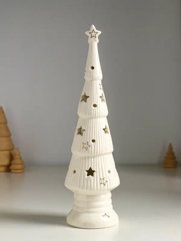Сувенир керамика свет "Ёлочка со звёздами" белый с золотом 7х7х24 см