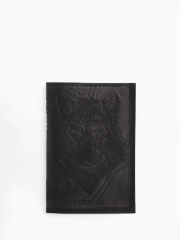 Обложка для паспорта &laquo;Волк&raquo;, натуральная кожа, сплошное тиснение, чёрная