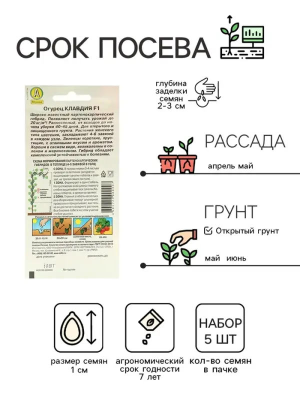 Семена Огурец &laquo;Клавдия&raquo;, F1, раннеспелый, партенокарпический, набор 5 шт., &laquo;Мой выбор&raquo;