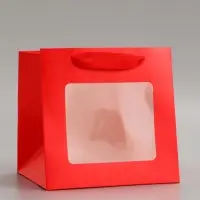 Пакет крафт с квадратным дном и окном, 15&times;15&times;15 см, красный