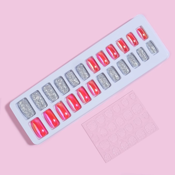 Накладные ногти, 24 шт, с клеевыми пластинами, форма мягкий квадрат, цвет серебристый/голография Накладные ногти, 24 шт, с клеевыми пластинами, форма мягкий квадрат, цвет серебристый/голография