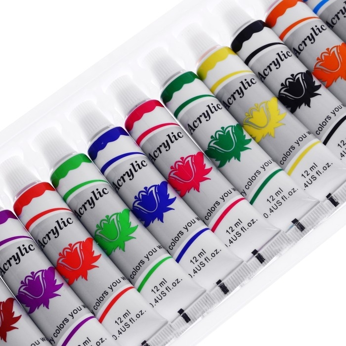 Краски акриловые, 12 цветов, в пластиковой тубе, 12 мл, в картонной коробке Краски акриловые, 12 цветов, в пластиковой тубе, 12 мл, в картонной коробке