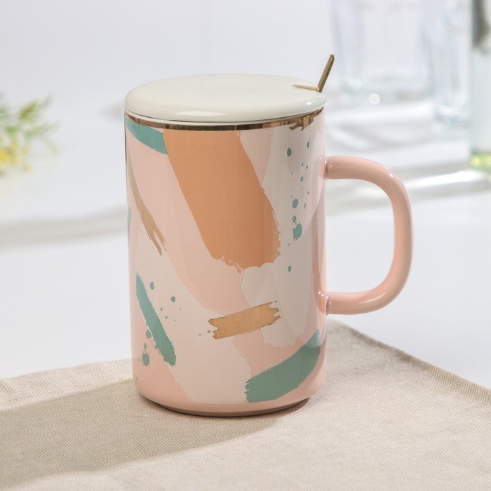 Кружка керамическая с крышкой и ложкой «Анабель», 350 мл, рисунок МИКС Кружка керамическая с крышкой и ложкой «Анабель», 350 мл, рисунок МИКС