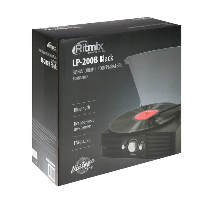Проигрыватель виниловых дисков Ritmix LP-200B, 10 Вт, 3 скорости, BT, AUX, FM, RCA, черный Проигрыватель виниловых дисков Ritmix LP-200B, 10 Вт, 3 скорости, BT, AUX, FM, RCA, черный