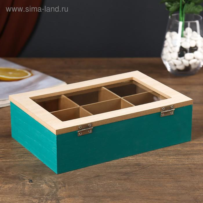 Шкатулка дерево с делениями  Шкатулка дерево с делениями "Пальмовые листья" зелёная с золотом 7х16,5х24 см