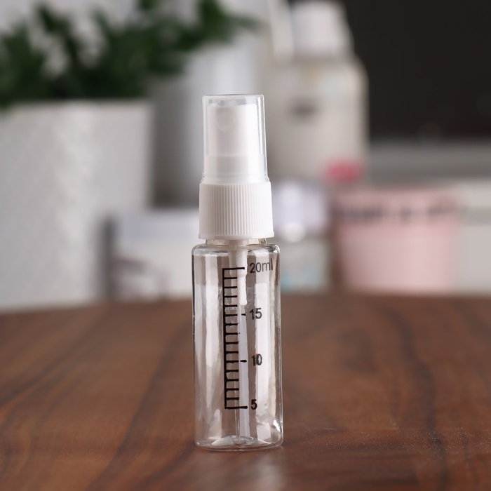 Бутылочка для хранения, с распылителем, со шкалой деления, 20 мл, цвет белый/прозрачный Бутылочка для хранения, с распылителем, со шкалой деления, 20 мл, цвет белый/прозрачный