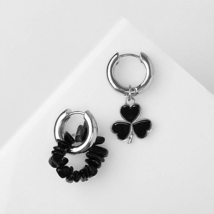 Серьги со съёмным элементом «Трансформер» клевер-сердце, цвет чёрный в серебре Серьги со съёмным элементом «Трансформер» клевер-сердце, цвет чёрный в серебре