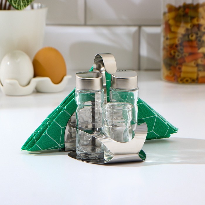Набор для специй на подставке, 4 предмета: солонка, перечница, салфетница, ёмкость для зубочисток Набор для специй на подставке, 4 предмета: солонка, перечница, салфетница, ёмкость для зубочисток