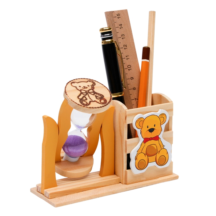 Песочные часы "Медвежонок", сувенирные, с карандашницей, 13.5 х 13.5 х 10 см, фиолетовые