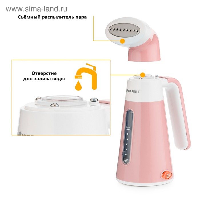 Отпариватель Kitfort KT-928-2, ручной, 600 Вт, 100 мл, 15 г/мин, шнур 1.7 м, персиковый Отпариватель Kitfort KT-928-2, ручной, 600 Вт, 100 мл, 15 г/мин, шнур 1.7 м, персиковый