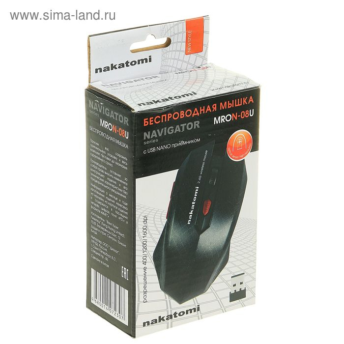Мышь Nakatomi MRON-08U Navigator, беспроводная, оптическая, 1600 dpi, 2xAAA, USB, чёрная Мышь Nakatomi MRON-08U Navigator, беспроводная, оптическая, 1600 dpi, 2xAAA, USB, чёрная
