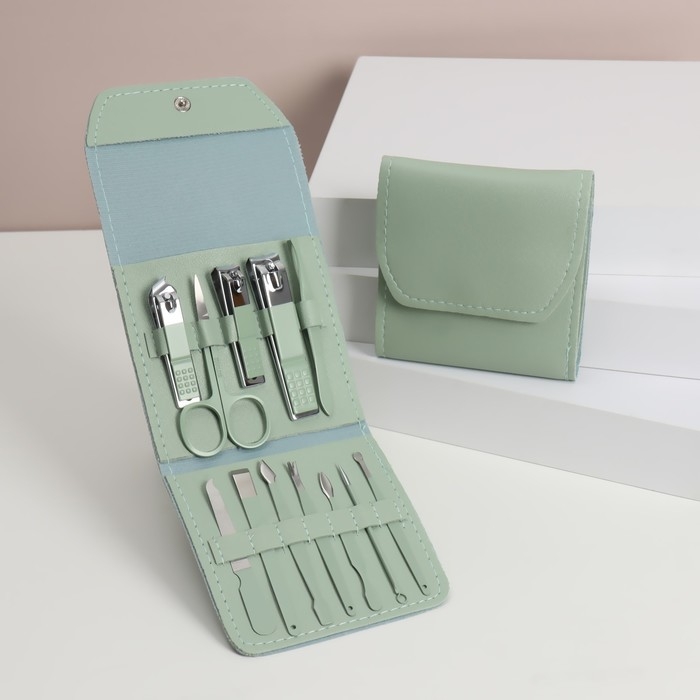 Набор маникюрный, 12 предметов, в футляре, цвет ментоловый Набор маникюрный, 12 предметов, в футляре, цвет ментоловый