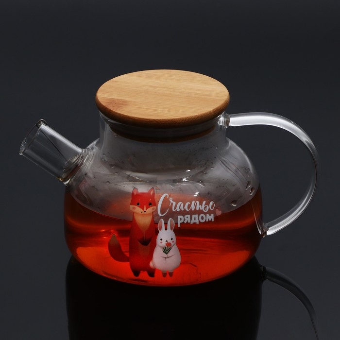Чайник стеклянный заварочный с бамбуковой крышкой «Счастье рядом», 800 мл Чайник стеклянный заварочный с бамбуковой крышкой «Счастье рядом», 800 мл