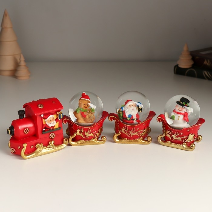 Сувенир полистоун водяной шар Сувенир полистоун водяной шар "Новогодний поезд и сани" набор 4 шт 24,7х4,5х6 см