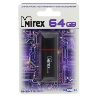 Флешка Mirex KNIGHT BLACK, 64 Гб, USB2.0, чт до 25 Мб/с, зап до 15 Мб/с, черная