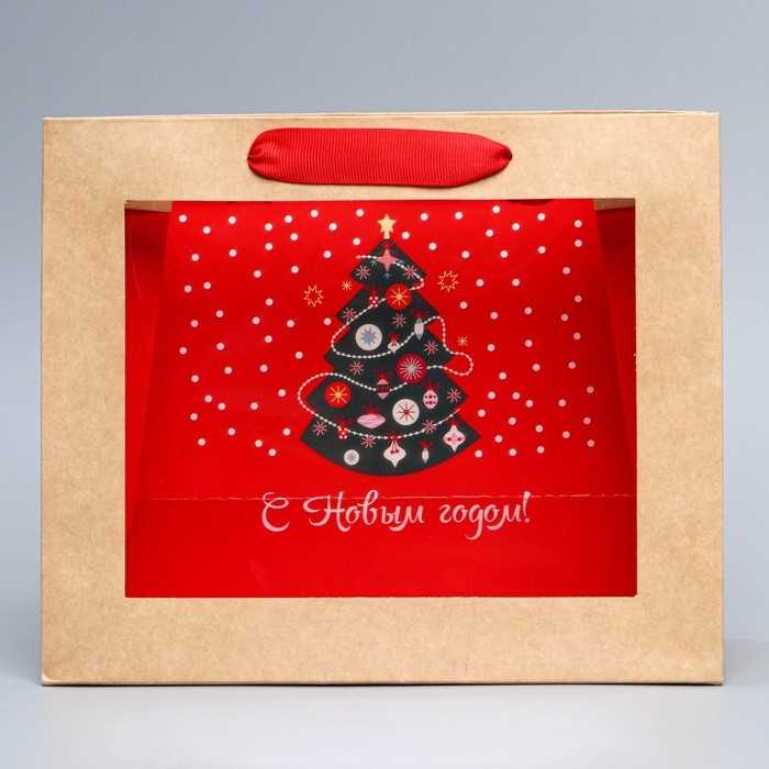 Пакет подарочный новогодний крафтовый с пластиковым окном «Новогодняя ёлка», 24 х 20 х 11см Пакет подарочный новогодний крафтовый с пластиковым окном «Новогодняя ёлка», 24 х 20 х 11см