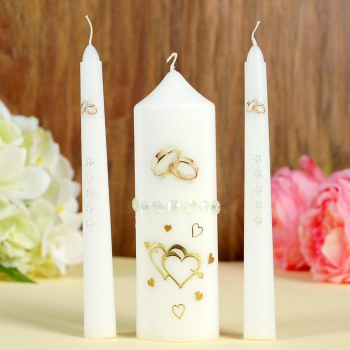 Набор свадебных свечей с бусинами  Набор свадебных свечей с бусинами "Обручальные кольца", белый, ручная работа, микс