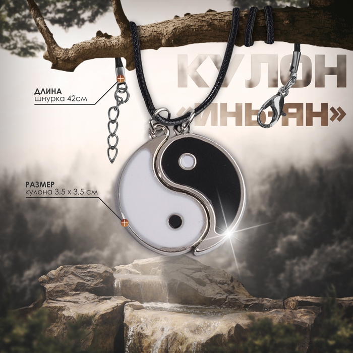 Кулон «Инь-ян», цвет чёрно-белый в серебре, на чёрном шнурке, 42 см Кулон «Инь-ян», цвет чёрно-белый в серебре, на чёрном шнурке, 42 см